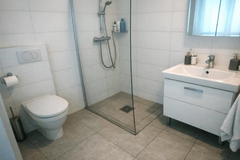Sauberes modernes Badezimmer mit Toilette, Dusche und Waschbecken.