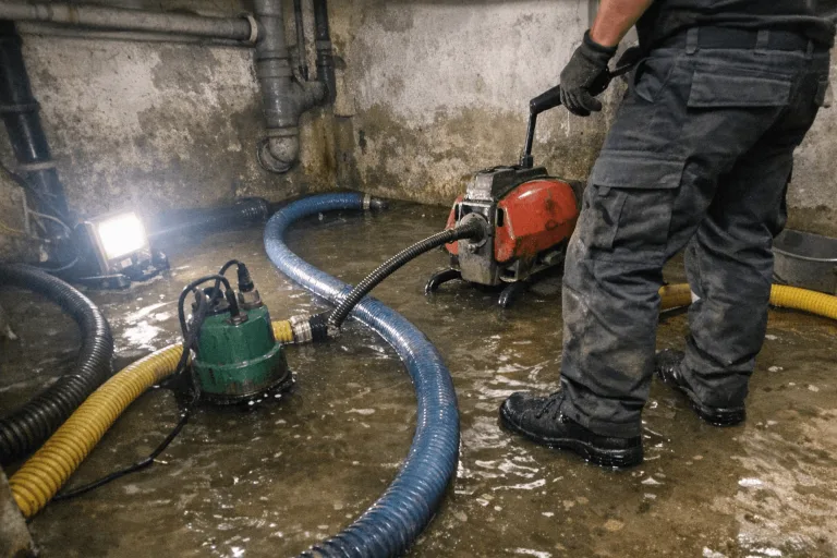Wasserabsaugung und Rohrreinigungsgerät im überfluteten Keller