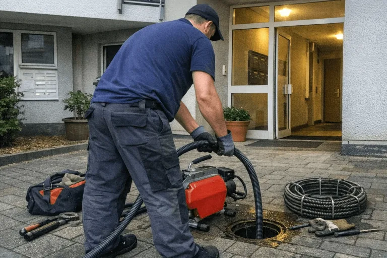 Techniker bei der Rohr- und Abflussreinigung vor einem Wohnhaus