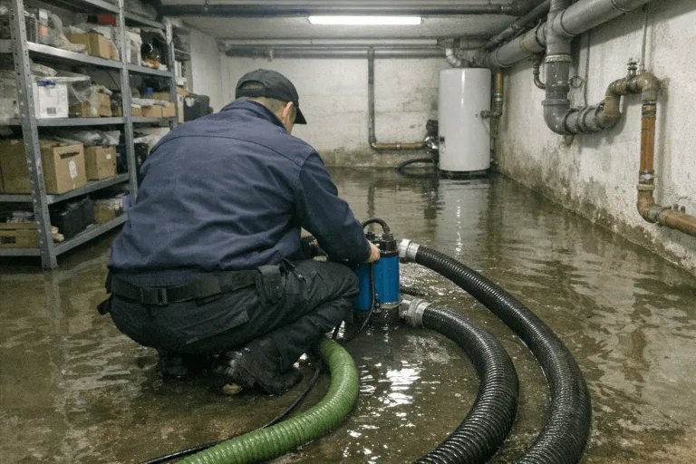 Wasserabsaugung in einem überschwemmten Keller