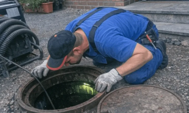 Techniker mit schwerem Rohrreinigungsgerät an einer Hauptleitung