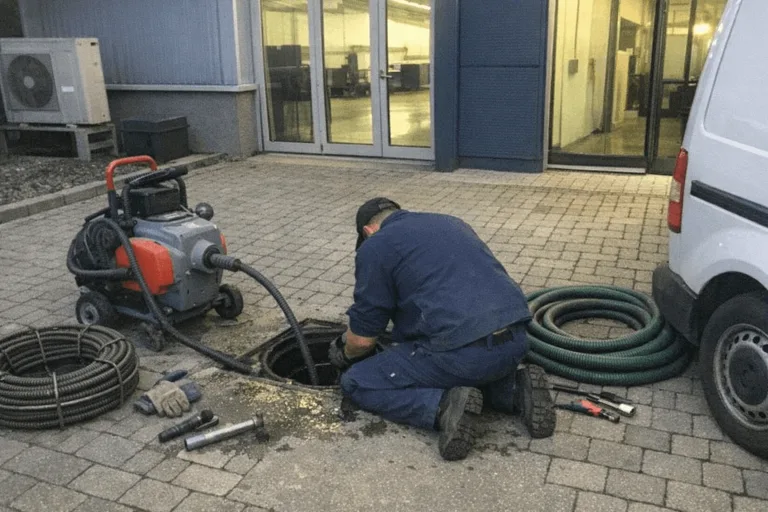 Techniker bei Rohrreinigung im Gewerbeumfeld nahe Stuttgarter Geschäftsgebäuden