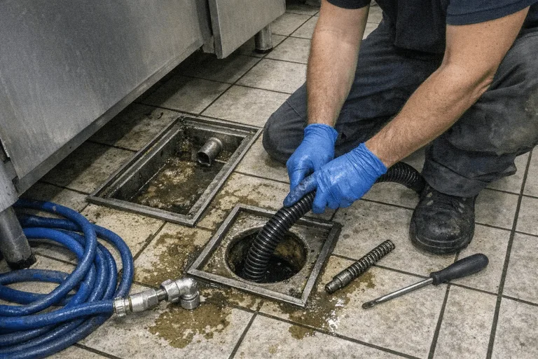 Professionelle Reinigung eines gewerblichen Küchenabflusses in einer Restaurantküche
